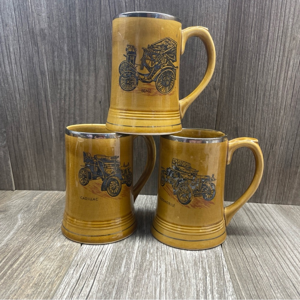 3 VTG Arnart Esquire Mugs Veteran Car Series 1, Cadillac, Olds, Benz 33/266 Cup